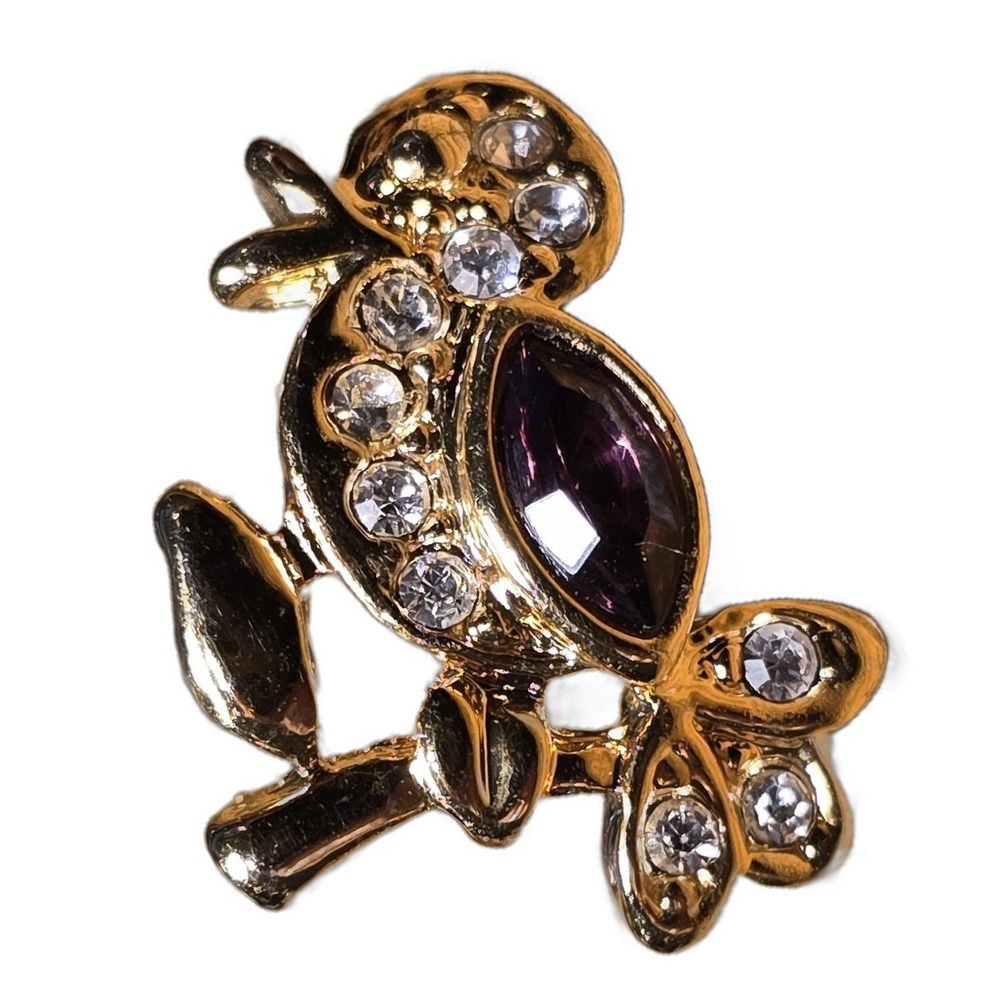 Gold Tone Bird on Branch Amethyst Rhinestone Accent Lapel Vest Hat Pin C34